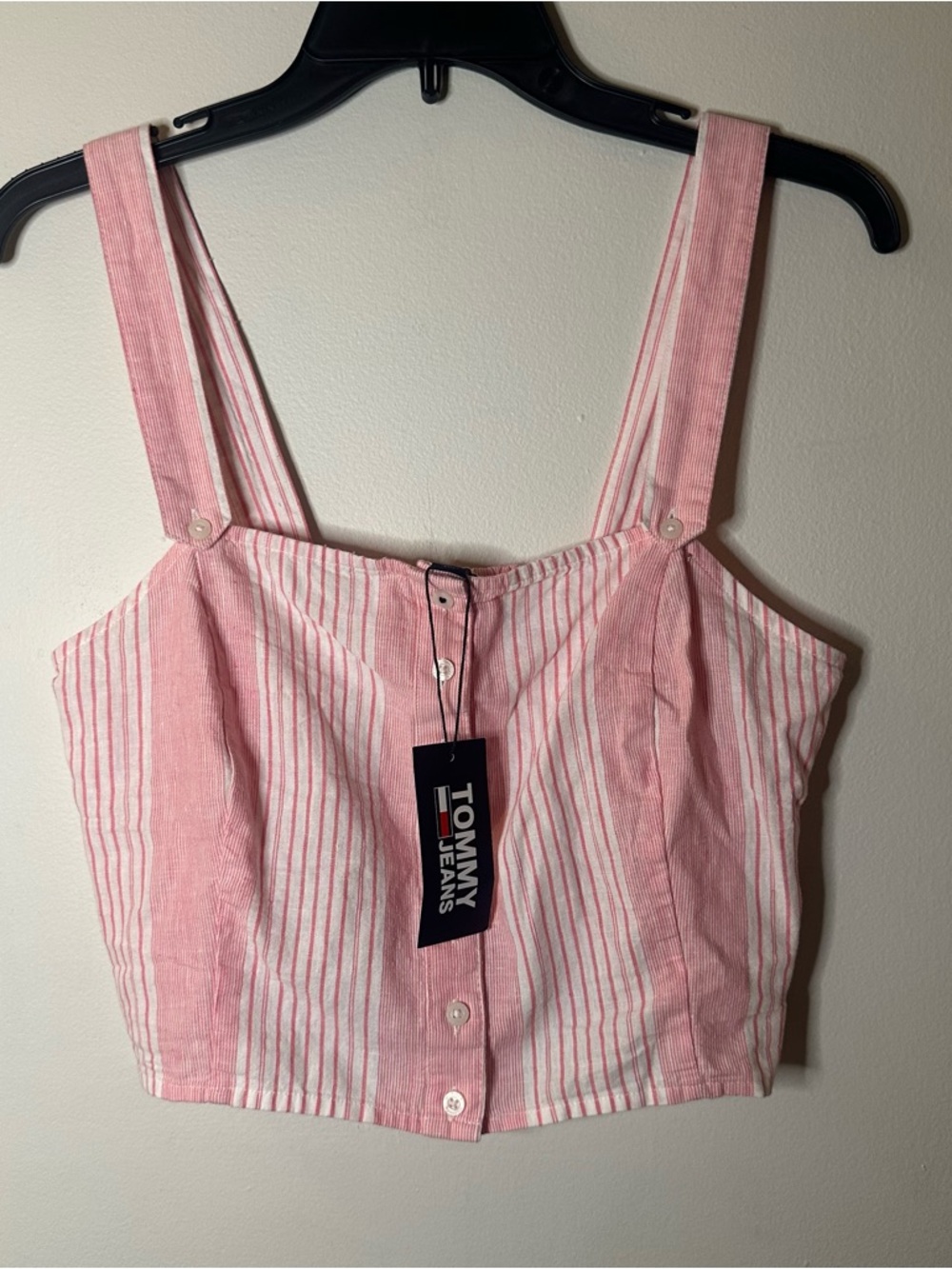 Tommy Jeans Womens 10 Pink/White Striped Cropped Tank Linen Blend Button Up NEW
